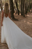 Modest Boho Long A-Line V-Neck Backless Lace Tulle Wedding Dress BM bride