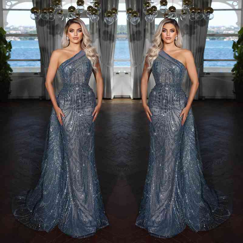 Elegant Dark Blue One Shoulder Mermaid Evening Dress with Sequins Applique BM bride