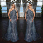 Elegant Dark Blue One Shoulder Mermaid Evening Dress with Sequins Applique BM bride