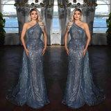 Elegant Dark Blue One Shoulder Mermaid Evening Dress with Sequins Applique BM bride