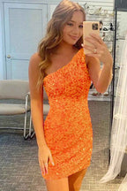 Fuchsia Sequins One Shoulder Homecoming Dress