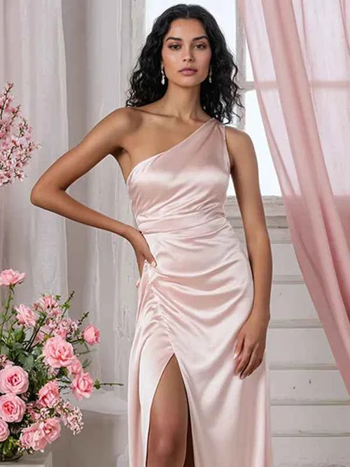 Evening Dress Pink One Shoulder Pleated High Slit Mermaid Fishtail Dress BMBRIDE
