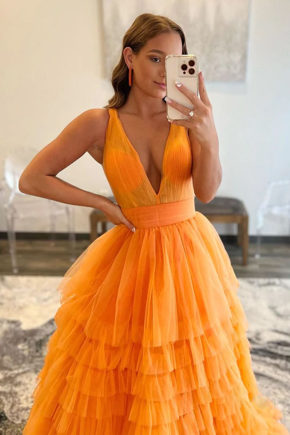 Charming A-Line Orange V-Neck Tulle Long Prom Dress BM bride