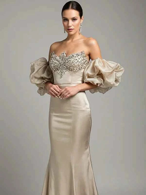 Evening dress Champagne color puff sleeve tube top mermaid floor length dress BMBRIDE