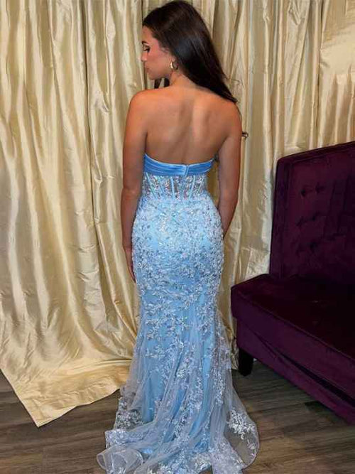 Blue Mermaid Strapless Lace Appliques Long Prom Dress with Bow BMBRIDE