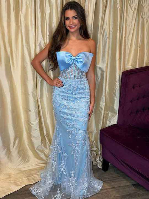 Blue Mermaid Strapless Lace Appliques Long Prom Dress with Bow BMBRIDE