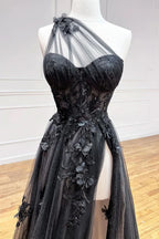 Elegant A-Line One Shoulder Black Long Prom Dress with Appliques BM bride