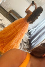 Charming A-Line Orange V-Neck Tulle Long Prom Dress BM bride