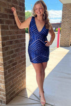 White Sequins V-Neck Tight Homecoming Dress Bmbride