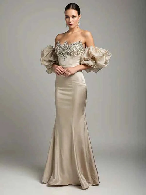 Evening dress Champagne color puff sleeve tube top mermaid floor length dress BMBRIDE
