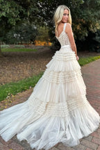 Romantic Princess A-Line Off-the-Shoulder Light Pink Long Prom Dress with Ruffles BM bride