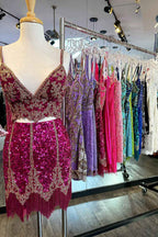 Sparkly Fuchsia Spaghetti Straps Bodycon Short Homecoming Dress with Fringe