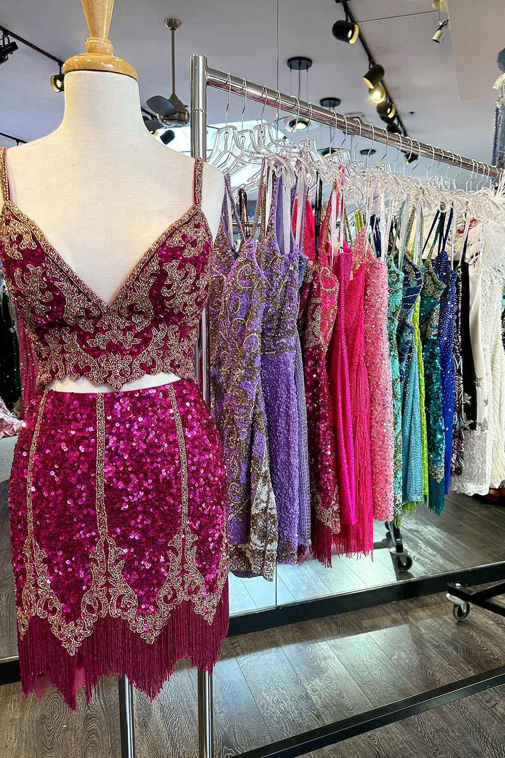 Sparkly Fuchsia Spaghetti Straps Bodycon Short Homecoming Dress with Fringe