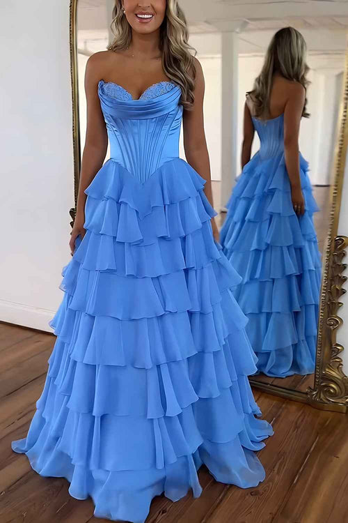 Blue Sweetheart Ruffled Long Corset Prom Dress with Slit BMBRIDE
