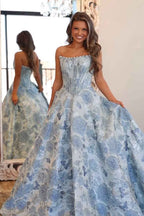 Sparkly Grey Blue Flower Strapless A-Line Long Corset Prom Dress with Beading