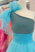 Sparkly Sky Blue A Line One Shoulder Long Prom Dress with Beading