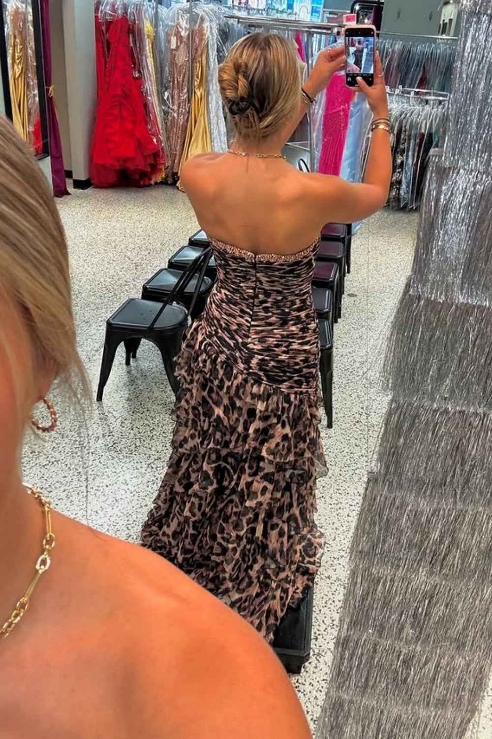 Sparkly Brown Leopard Beaded Strapless Tiered Long Prom Dress with Ruffles
