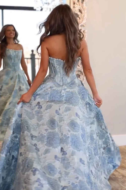 Sparkly Grey Blue Flower Strapless A-Line Long Corset Prom Dress with Beading BMBRIDE