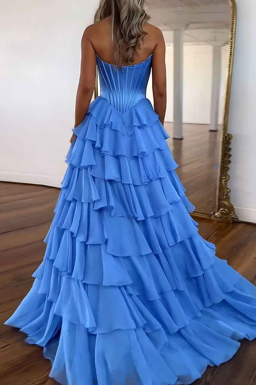 Blue Sweetheart Ruffled Long Corset Prom Dress with Slit BMBRIDE