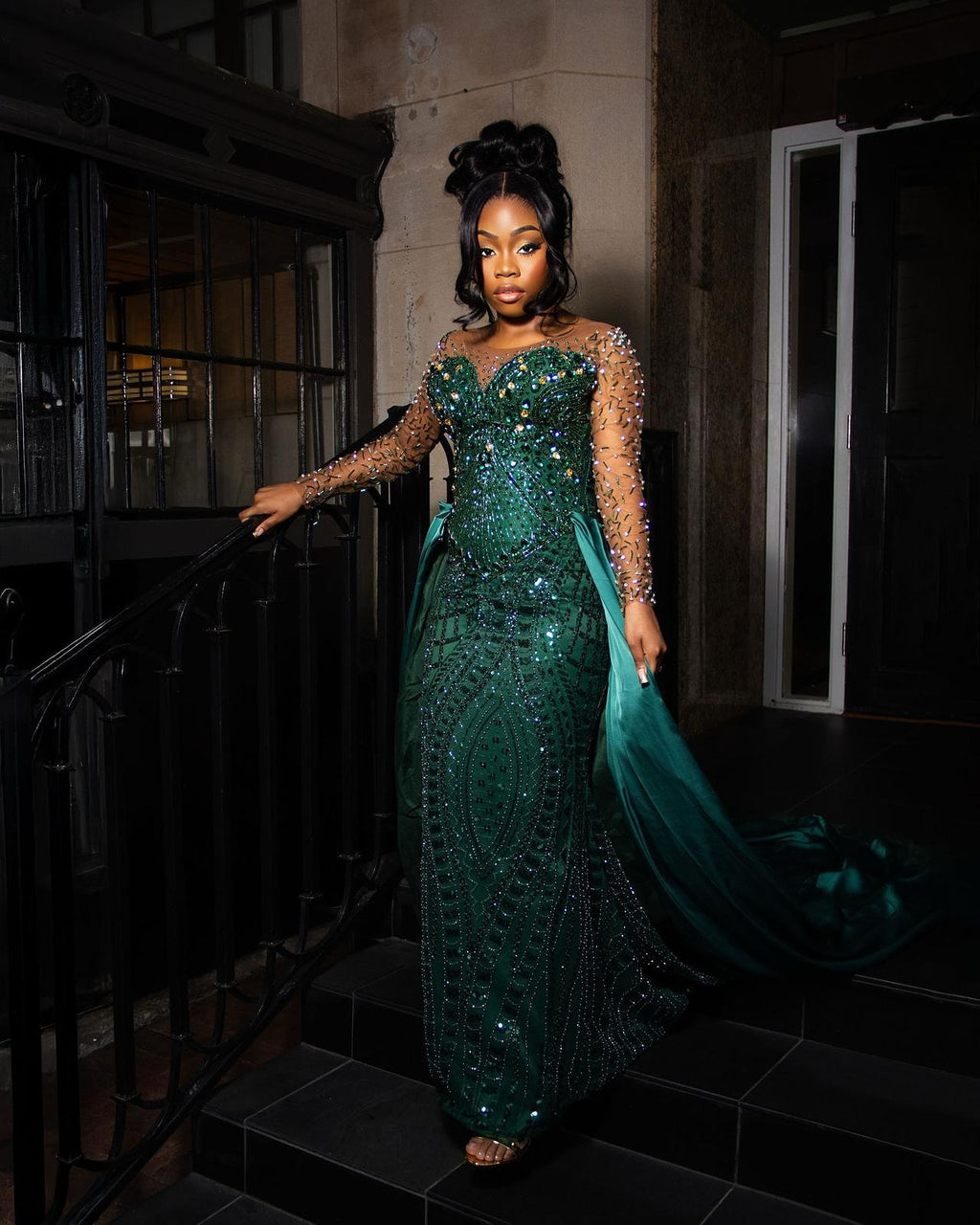 The Emerald Empress - 2026 Illusion Sleeve Beaded Mermaid Gown: Crystal-Embellished Long Sleeves with Satin Overskirt Train