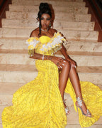 The Golden Sunflower - 2026 Off-Shoulder Lace Mermaid Gown: White Floral Appliqués with Crystal Fringe & Yellow Lace Train