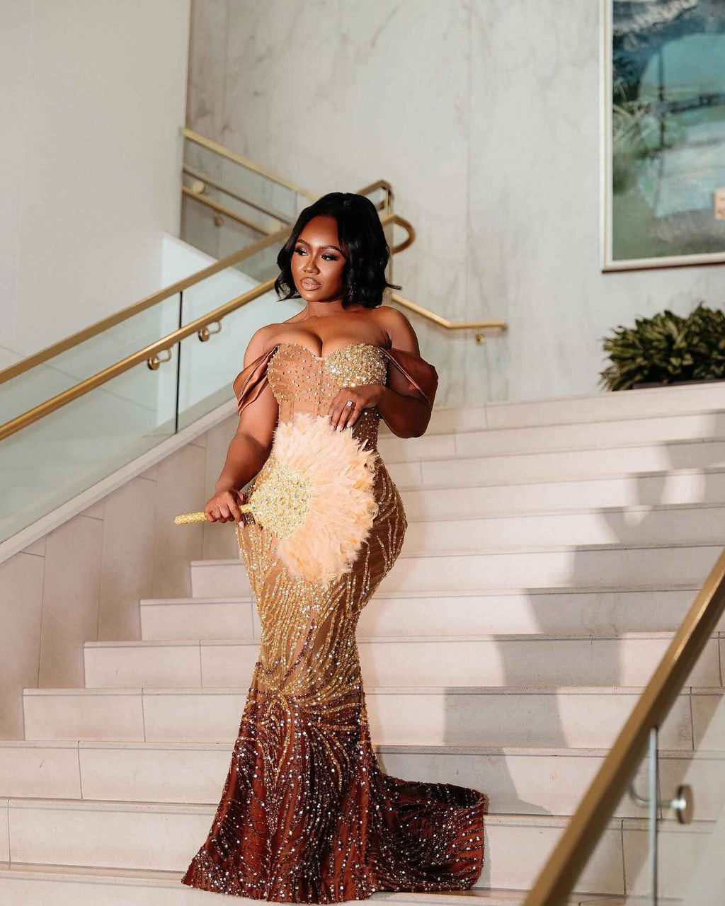 Golden Sunset - Ombre Beaded Mermaid Prom Dress with Feather Trim