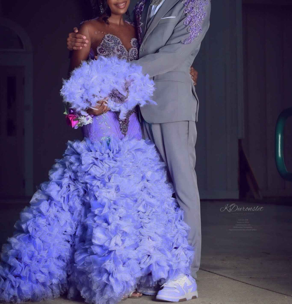 Lavender Dream - Purple Crystal Beaded Sheer Bodice Prom Dress with Ruffle Feather Skirt