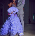 Lavender Dream - Purple Crystal Beaded Sheer Bodice Prom Dress with Ruffle Feather Skirt