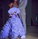 Lavender Dream - Purple Crystal Beaded Sheer Bodice Prom Dress with Ruffle Feather Skirt