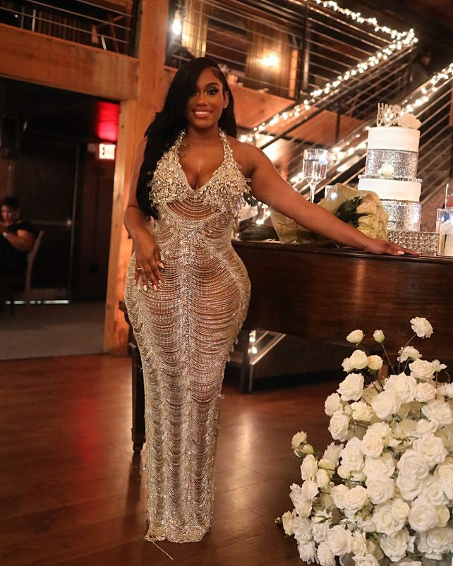 The Diamond Masterpiece - 2026 Luxury Silver Crystal Halter Illusion Mermaid Gown: Plunging Halter Neckline with Sheer Bodice, Scalloped Beadwork & Open Back BMBRIDE