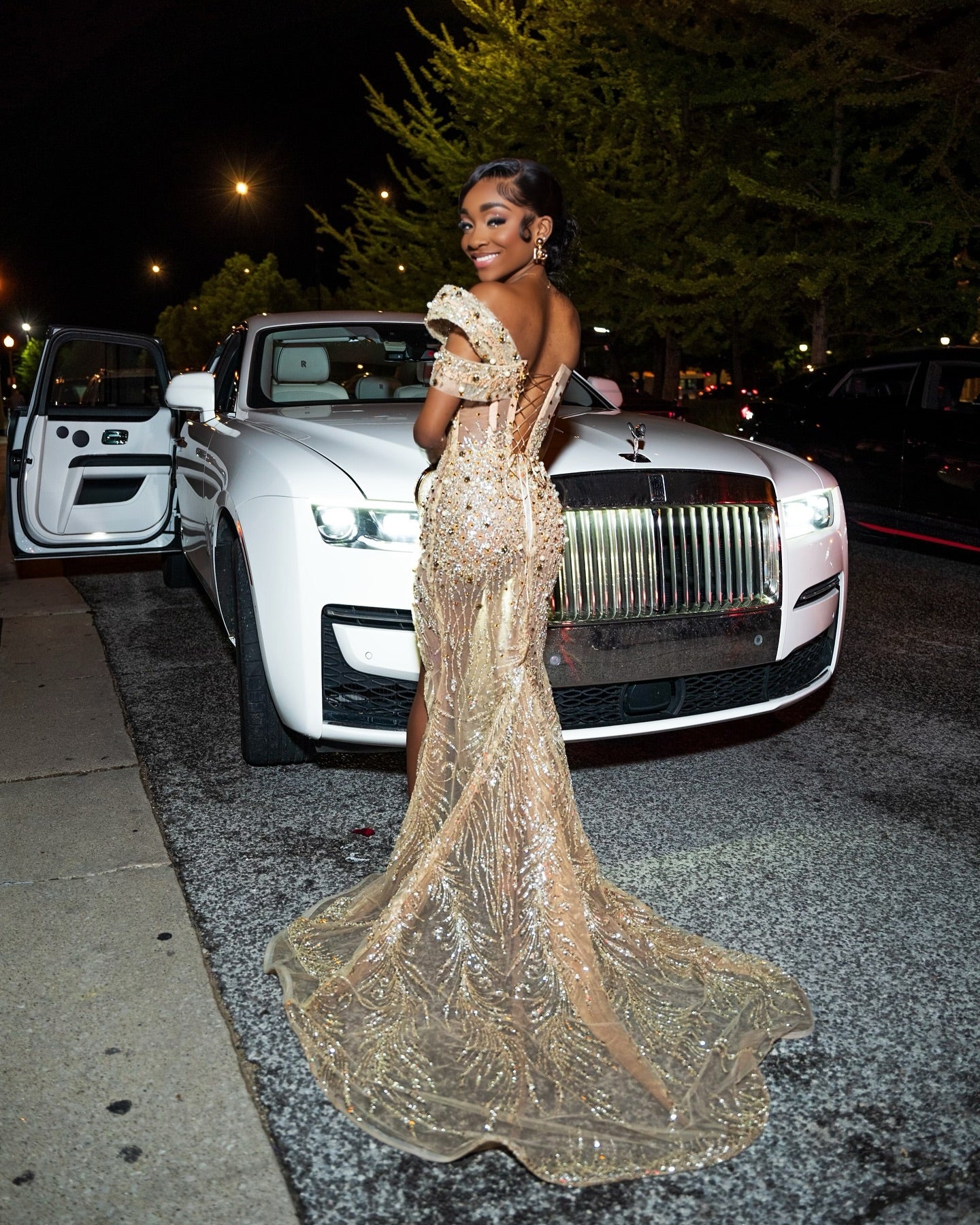 The Golden Siren - 2026 Champagne Gold Crystal Illusion Mermaid Gown: Off-Shoulder Sleeves with Sheer Bodice, High Slit & Sweep Train