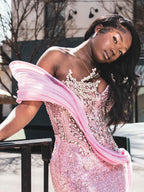 Pink Glow - Sequin Beaded Mermaid Prom Dress with Draped Chiffon Wrap