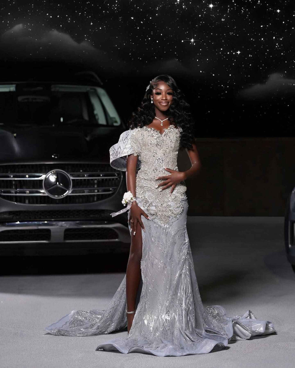 Starlight Dream - Silver Crystal Beaded Off-Shoulder Mermaid Prom Dress with Thigh Slit