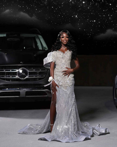 Starlight Dream - Silver Crystal Beaded Off-Shoulder Mermaid Prom Dress with Thigh Slit