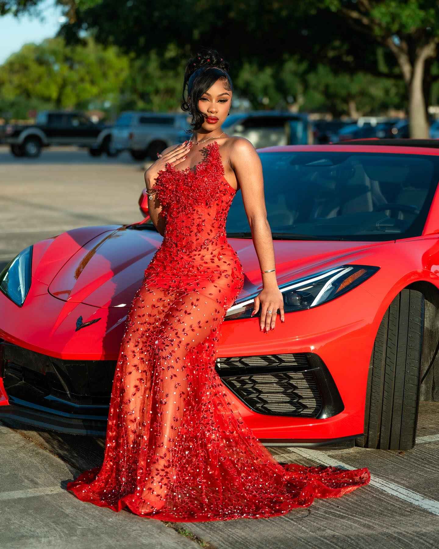 Red Hot - Sheer Illusion Beaded Mermaid Prom Dress with 3D Florals