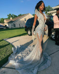 The Silver Ice - 2026 Crystal Beaded Mermaid Gown: Deep V-Neckline with Cascading Crystal Fringe, Shoulder Embellishments & Layered Tulle Train