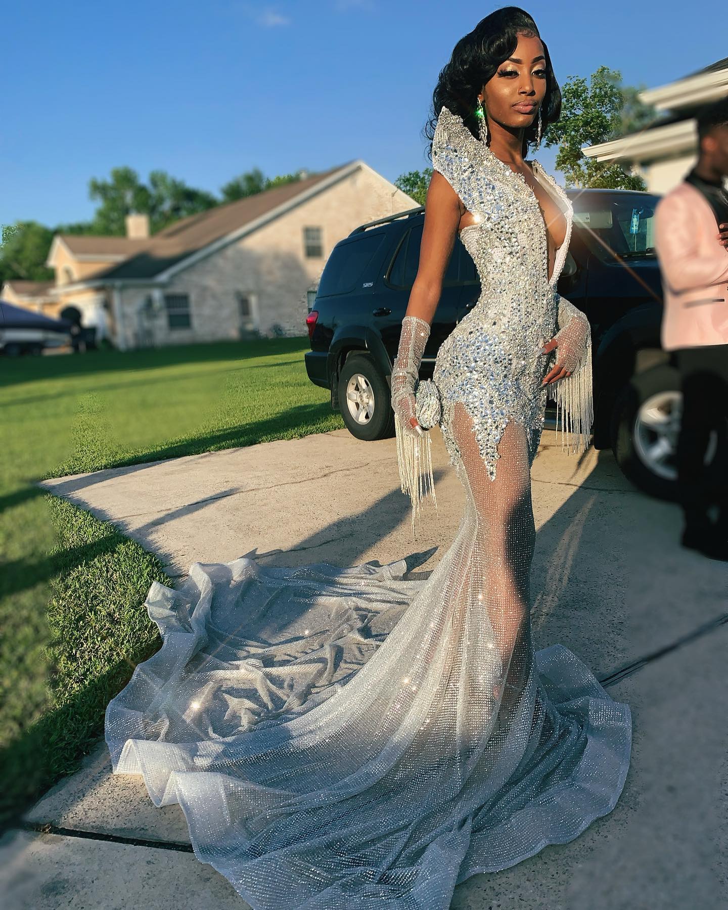 The Silver Ice - 2026 Crystal Beaded Mermaid Gown: Deep V-Neckline with Cascading Crystal Fringe, Shoulder Embellishments & Layered Tulle Train