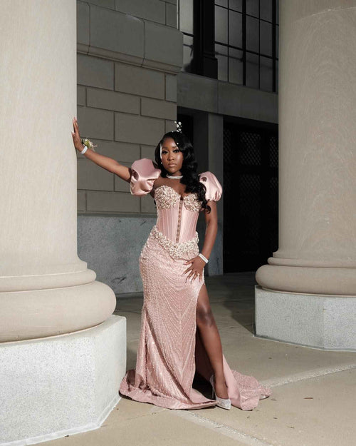 Pearl Perfection - Beaded Corset Mermaid Prom Dress with Detachable Sleeves