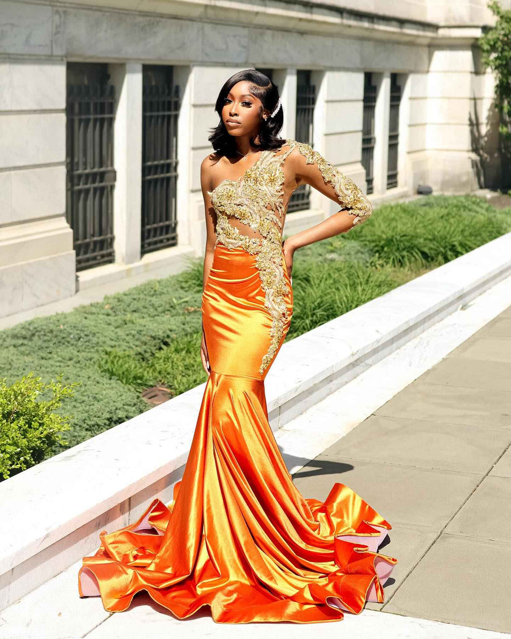 The Golden Hour - 2026 Orange Ombre Satin Mermaid Gown: One-Shoulder Gold Lace Appliqué with Sheer Illusion Bodice & Cathedral Train