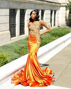 The Golden Hour - 2026 Orange Ombre Satin Mermaid Gown: One-Shoulder Gold Lace Appliqué with Sheer Illusion Bodice & Cathedral Train