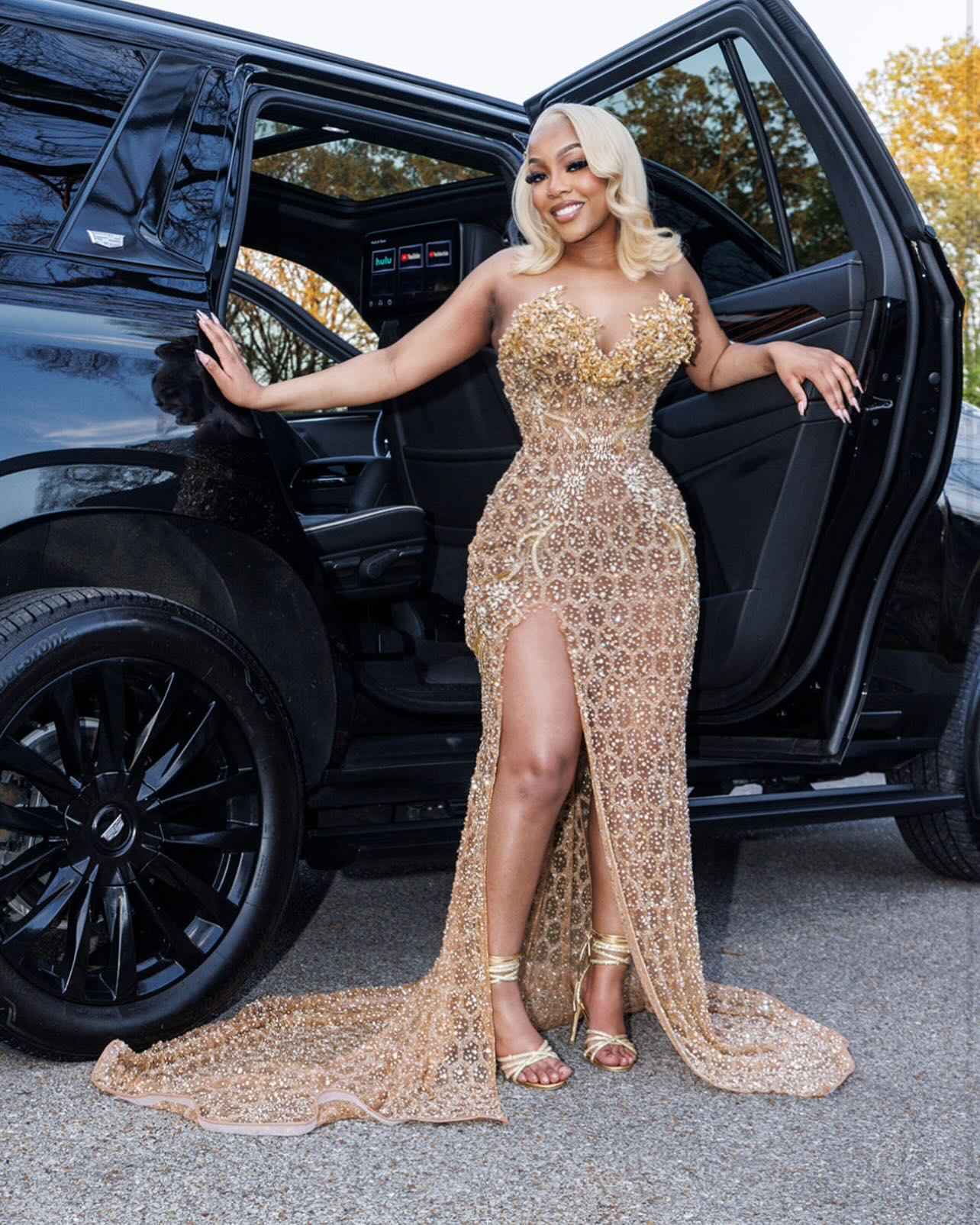 Champagne Star - Crystal Beaded Prom Dress with 3D Florals & High Slit