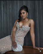 Champagne Radiance - Crystal Beaded Mermaid Prom Dress with Floral Details