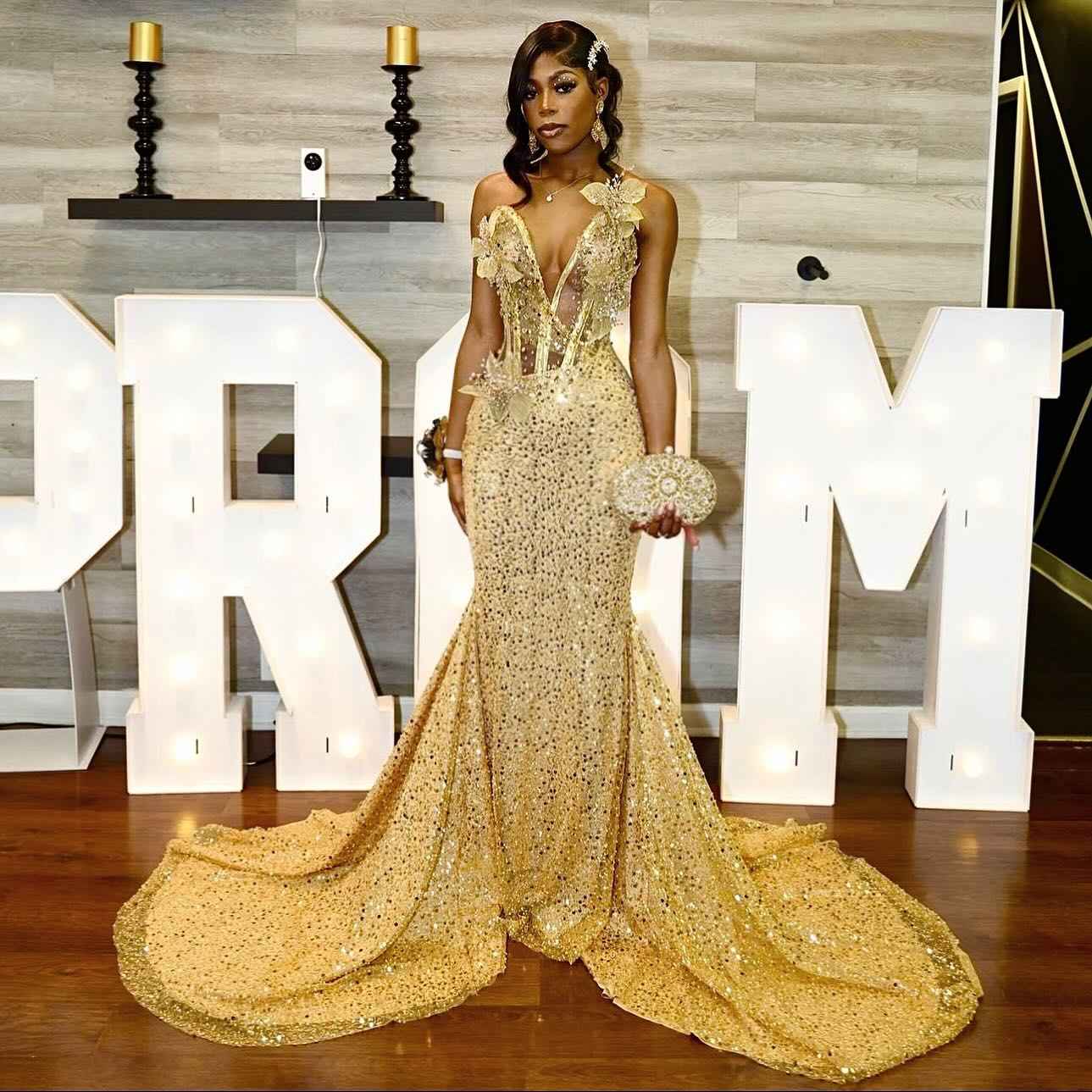 24K Gold - Sequined Corset Mermaid Prom Dress with 3D Florals