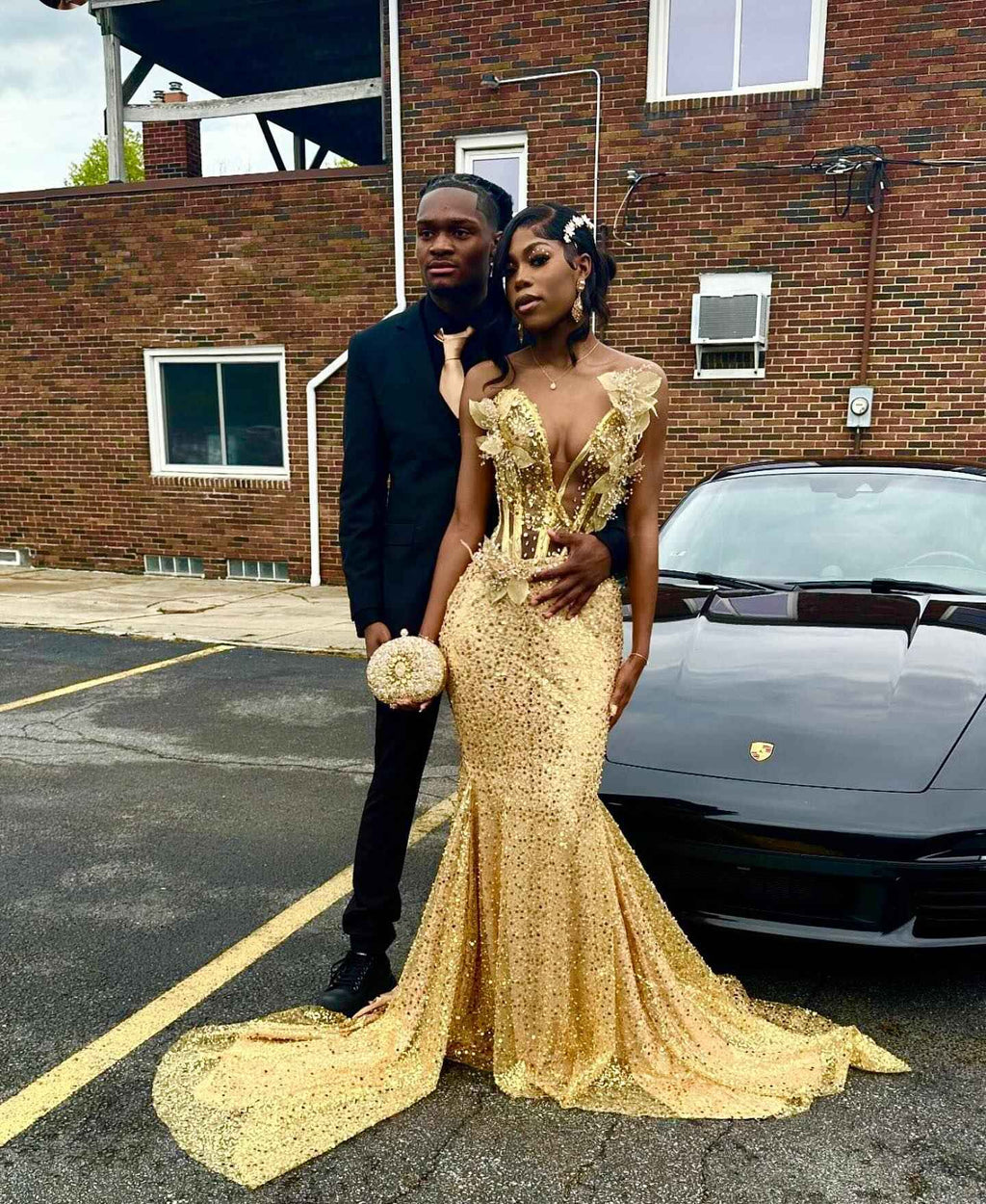 24K Gold - Sequined Corset Mermaid Prom Dress with 3D Florals
