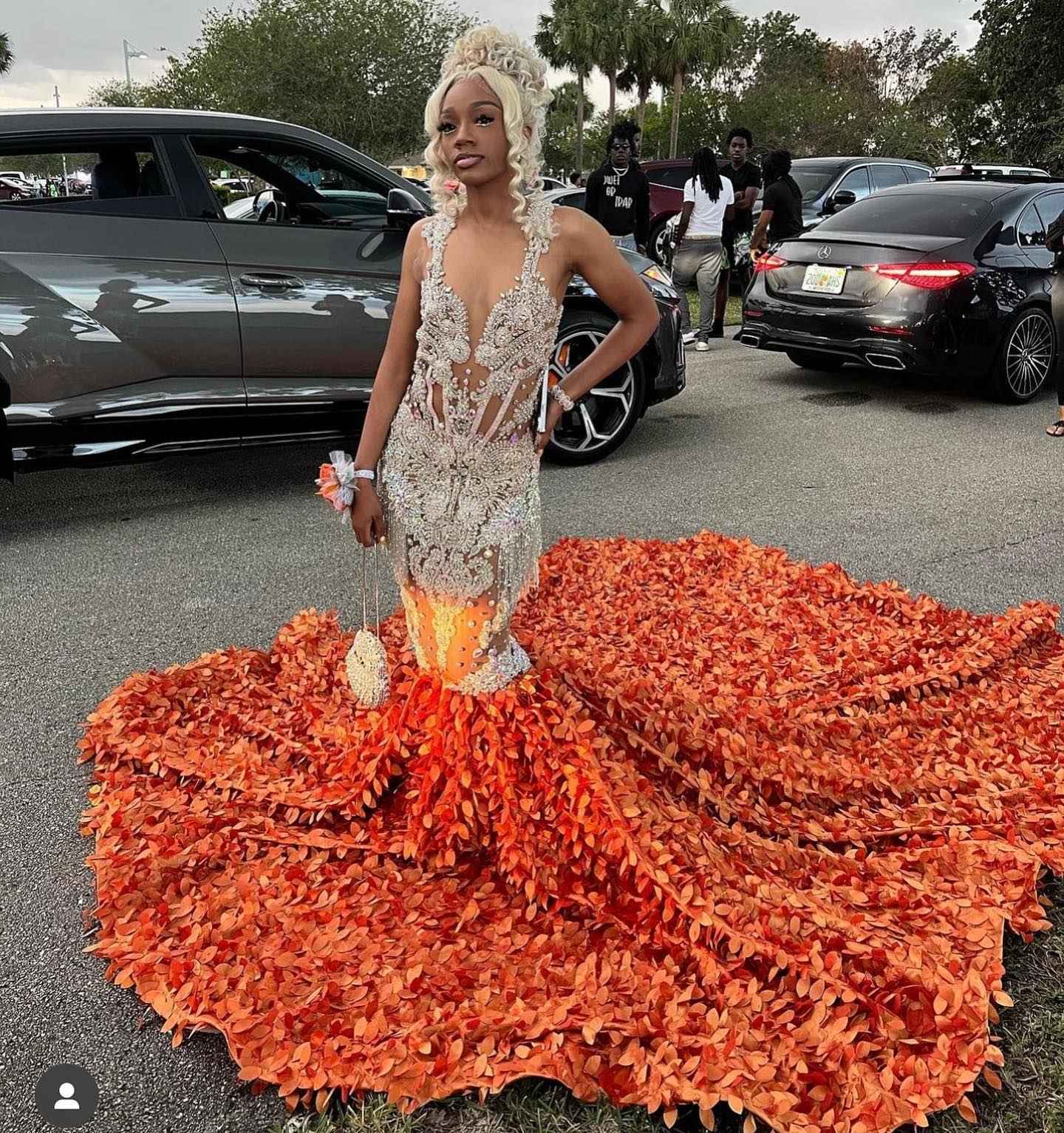 Orange Flame - Crystal Beaded Prom Dress with Massive 3D Petal Train