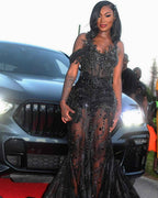 Black Elegance - 3D Floral Beaded Mermaid Prom Dress with Ruffle Train