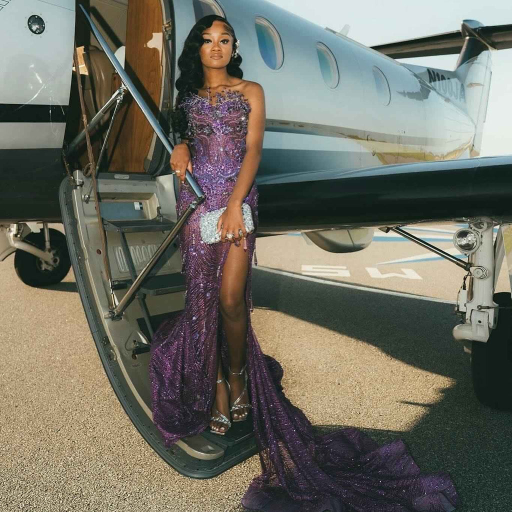 Purple Royalty - Sequined Mermaid Prom Dress with 3D Florals & Train