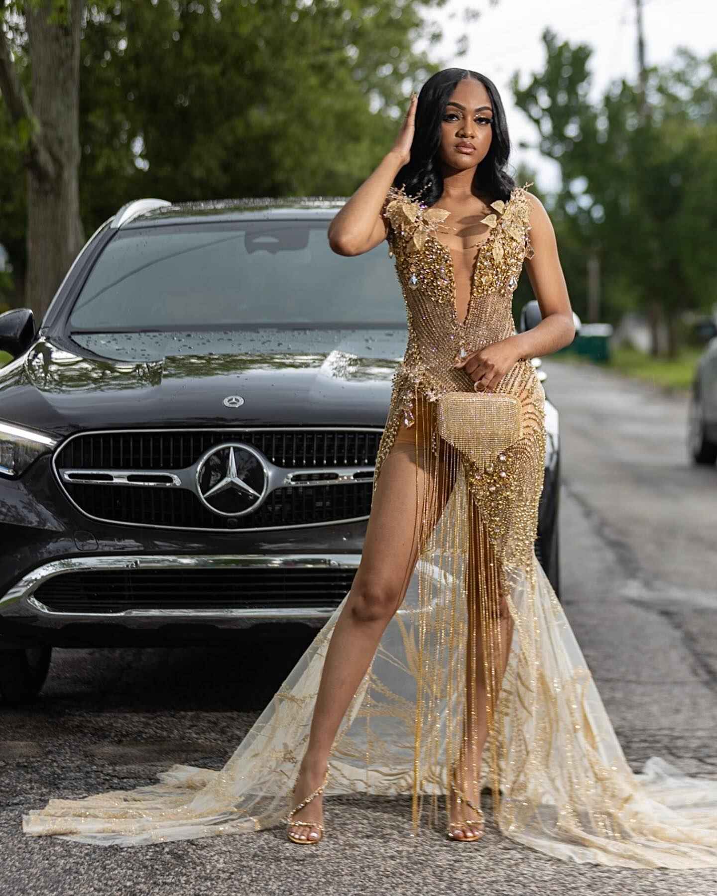 Golden Goddess - Luxury Beaded Mermaid Prom Dress with 3D Florals & Fringe BMBRIDE