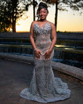 Silver Deco - Art Deco Beaded Prom Dress with Lace-Up Back & 3D Florals