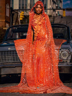 Inferno Queen - Orange Sequin Beaded Mermaid Gown with Dramatic Cape & Beaded Hood